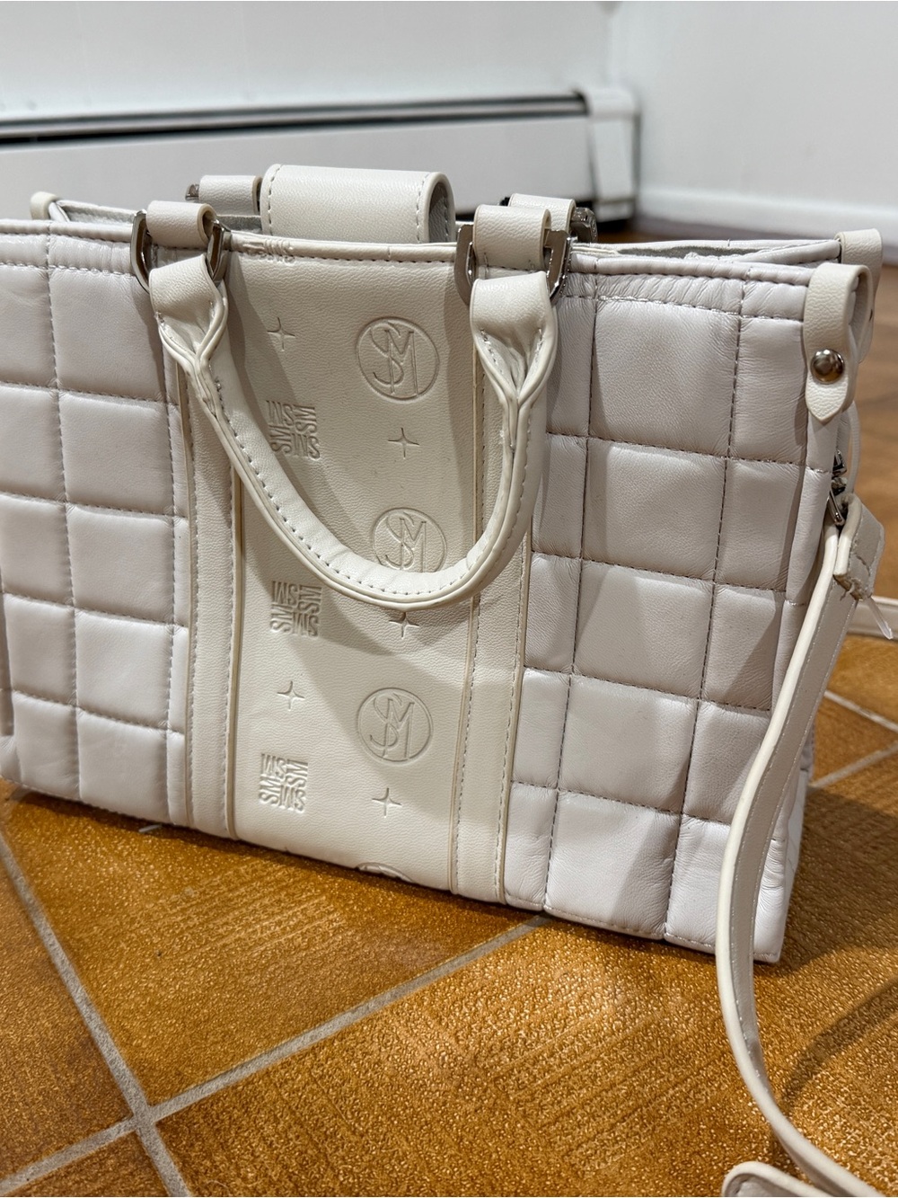 Steve Madden Cream Quilted Shoulder Tote with Embossed Logo